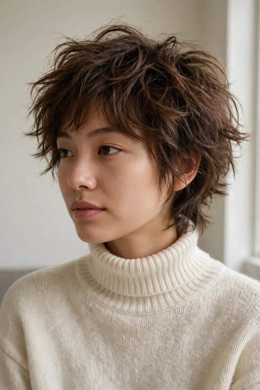 Messy wolf cut hairstyle with tousled layers and texture