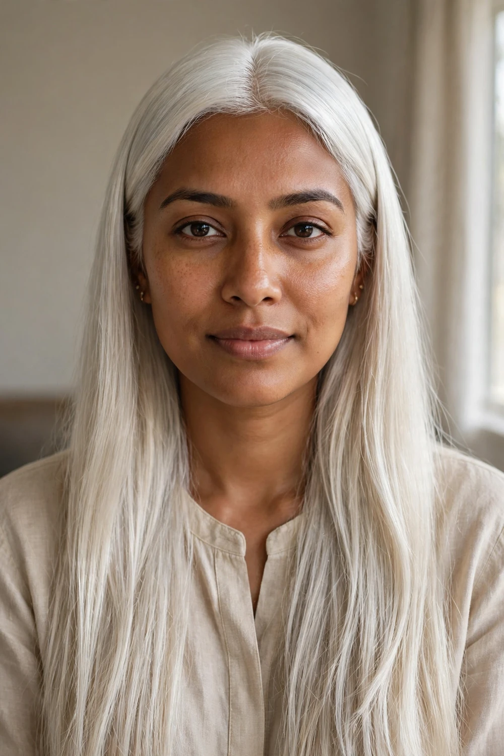 Woman with metallic white blonde long straight hair with a silver sheen