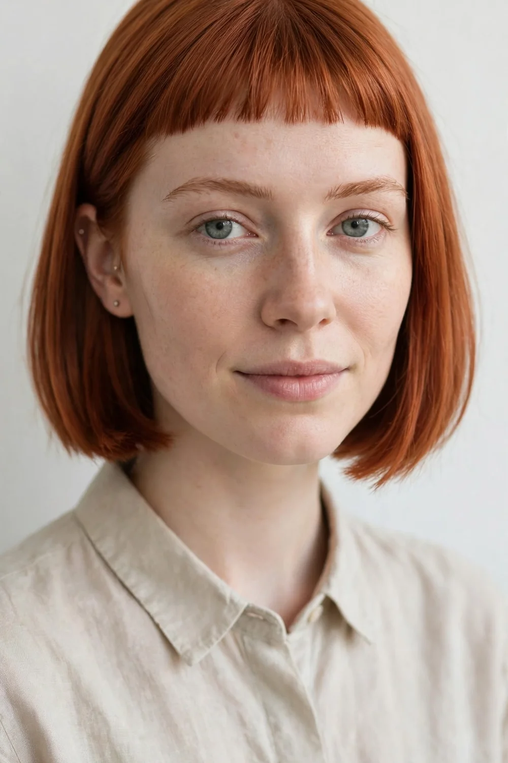 Woman with micro baby bangs cut high above the eyebrows