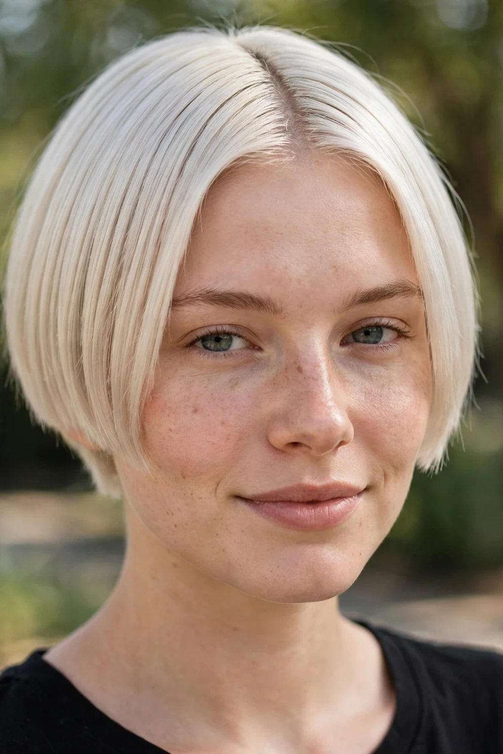 Woman with a micro bob haircut cut very short above the jawline