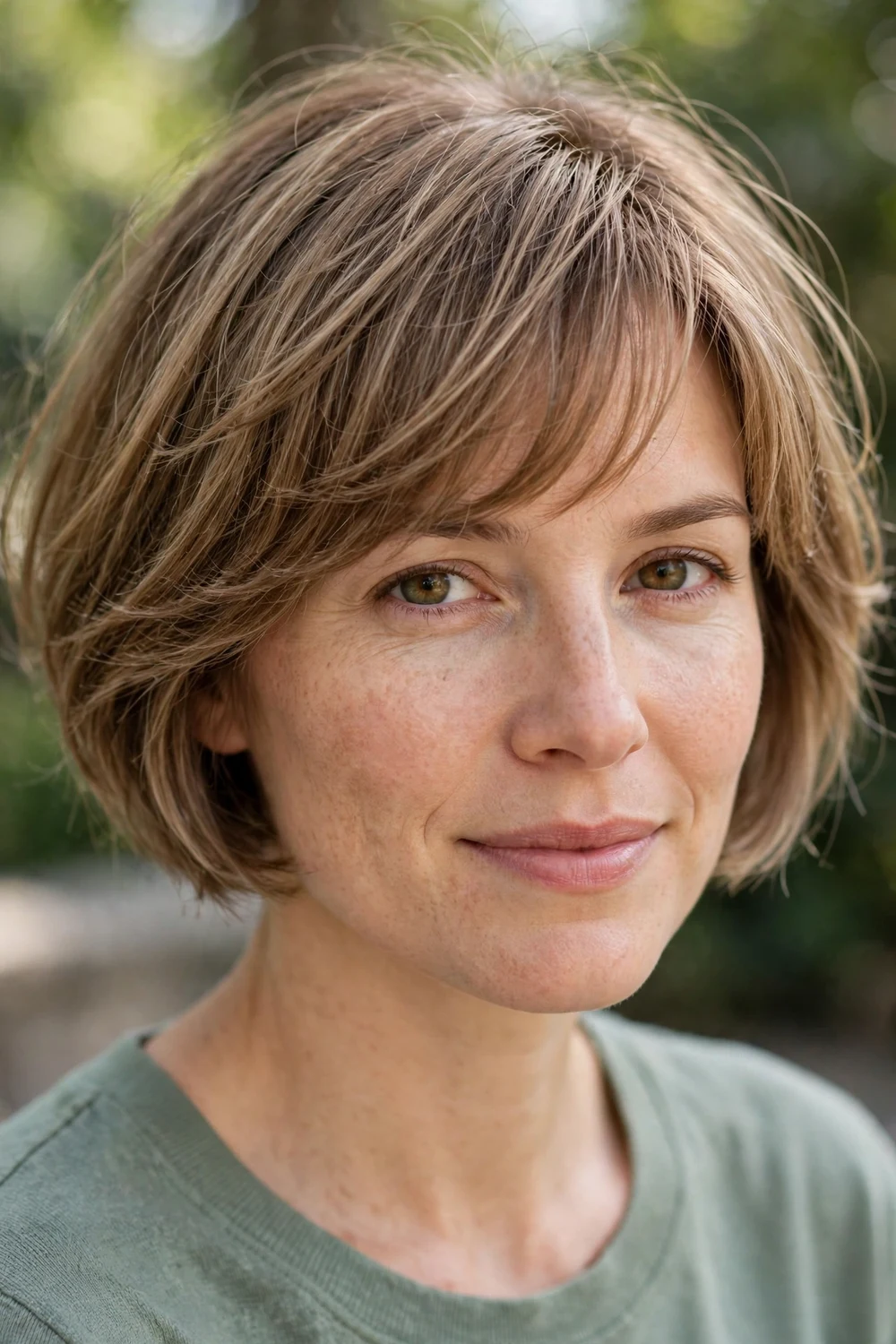 Woman with a micro bob haircut with lightly layered bangs