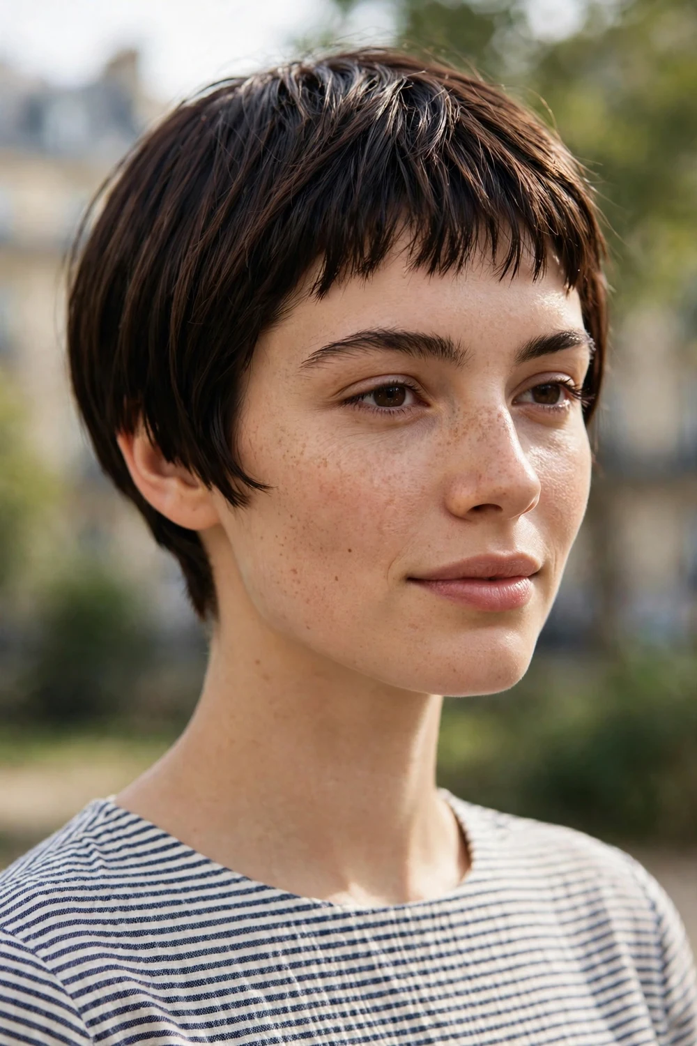 Woman with a micro bob haircut paired with ultra-short micro bangs