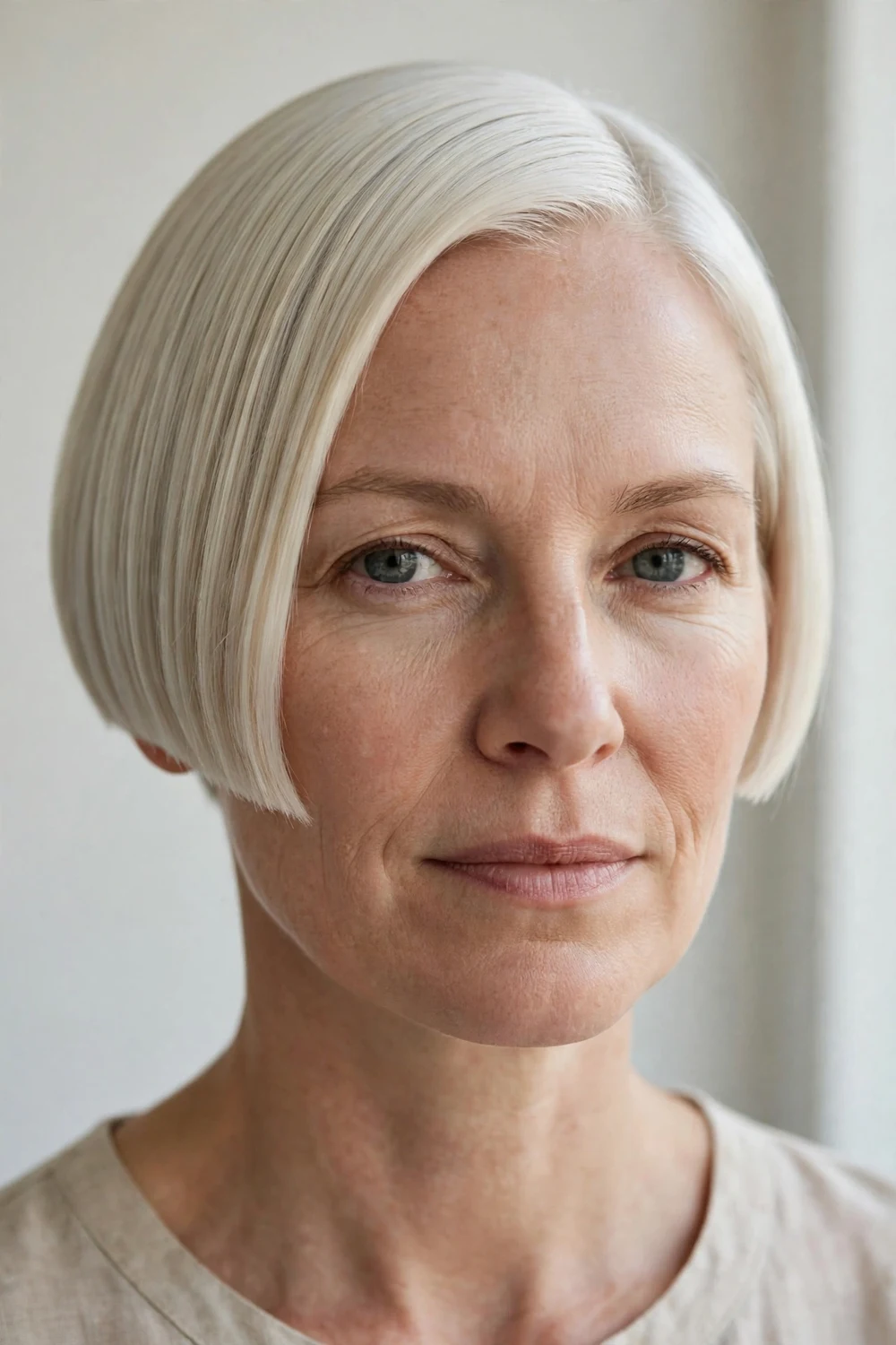 Woman with a micro bob on straight hair, ultra-short bob grazing the ears with a sharp line