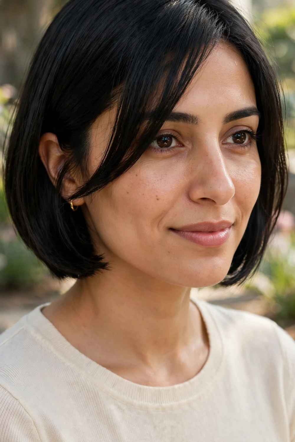 Woman with a micro bob haircut with side-swept bangs