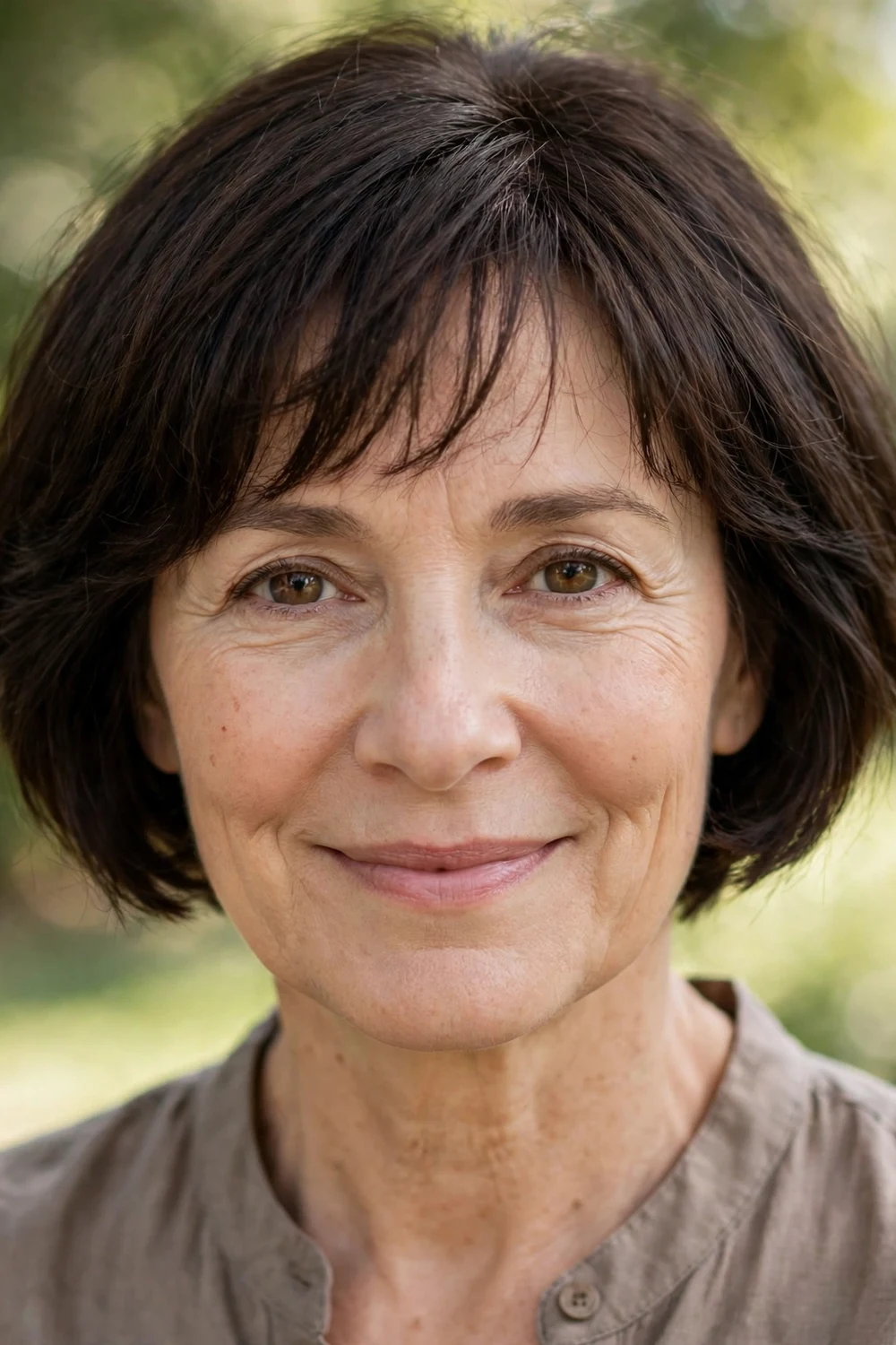 Woman with a micro bob haircut with a soft wispy fringe