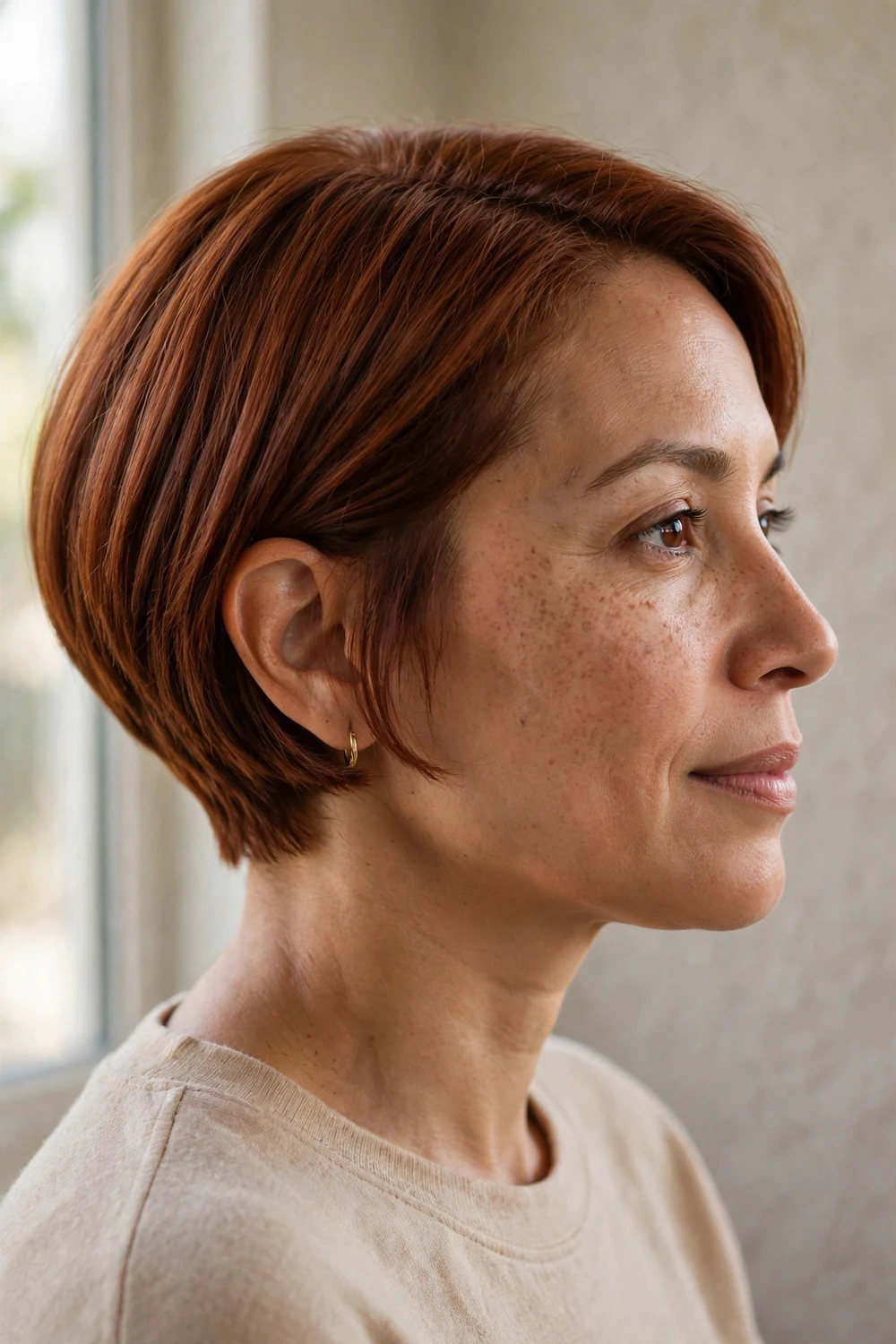 Micro bob cut at jaw length with sharp clean lines