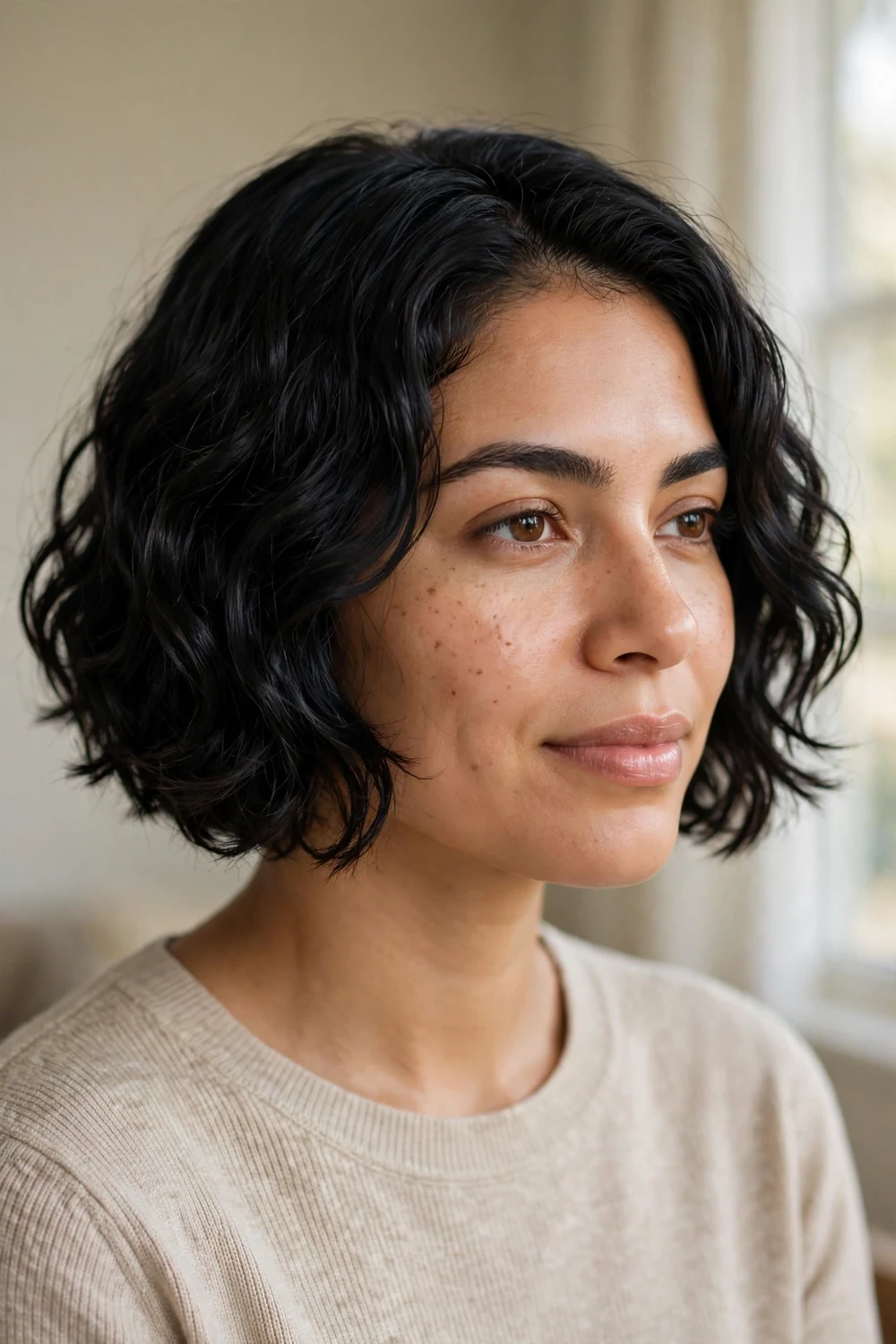 Micro wavy bob with subtle waves on black cheekbone-length hair, front three-quarter view
