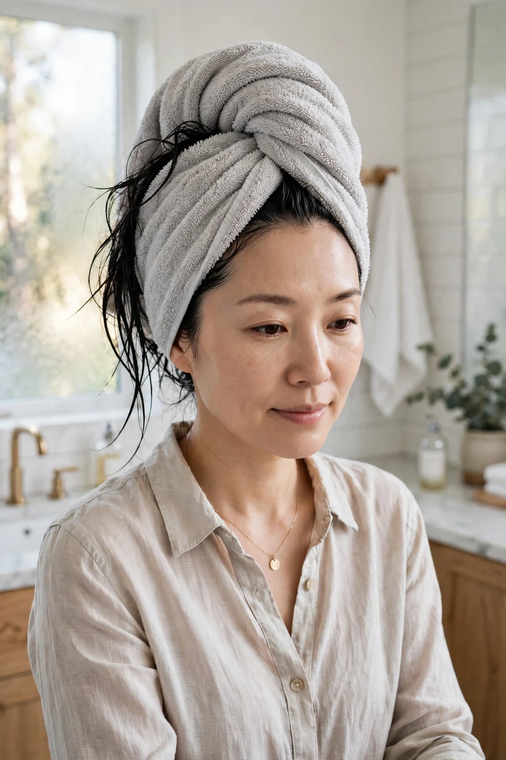 Woman wrapping wet hair in a microfiber towel turban