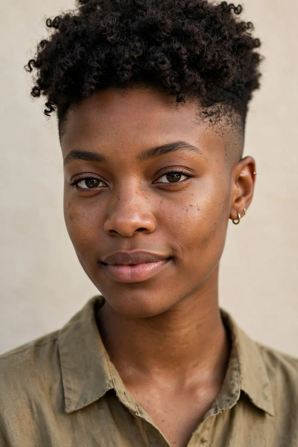 Black woman with a mid fade and a full curly top of defined coils