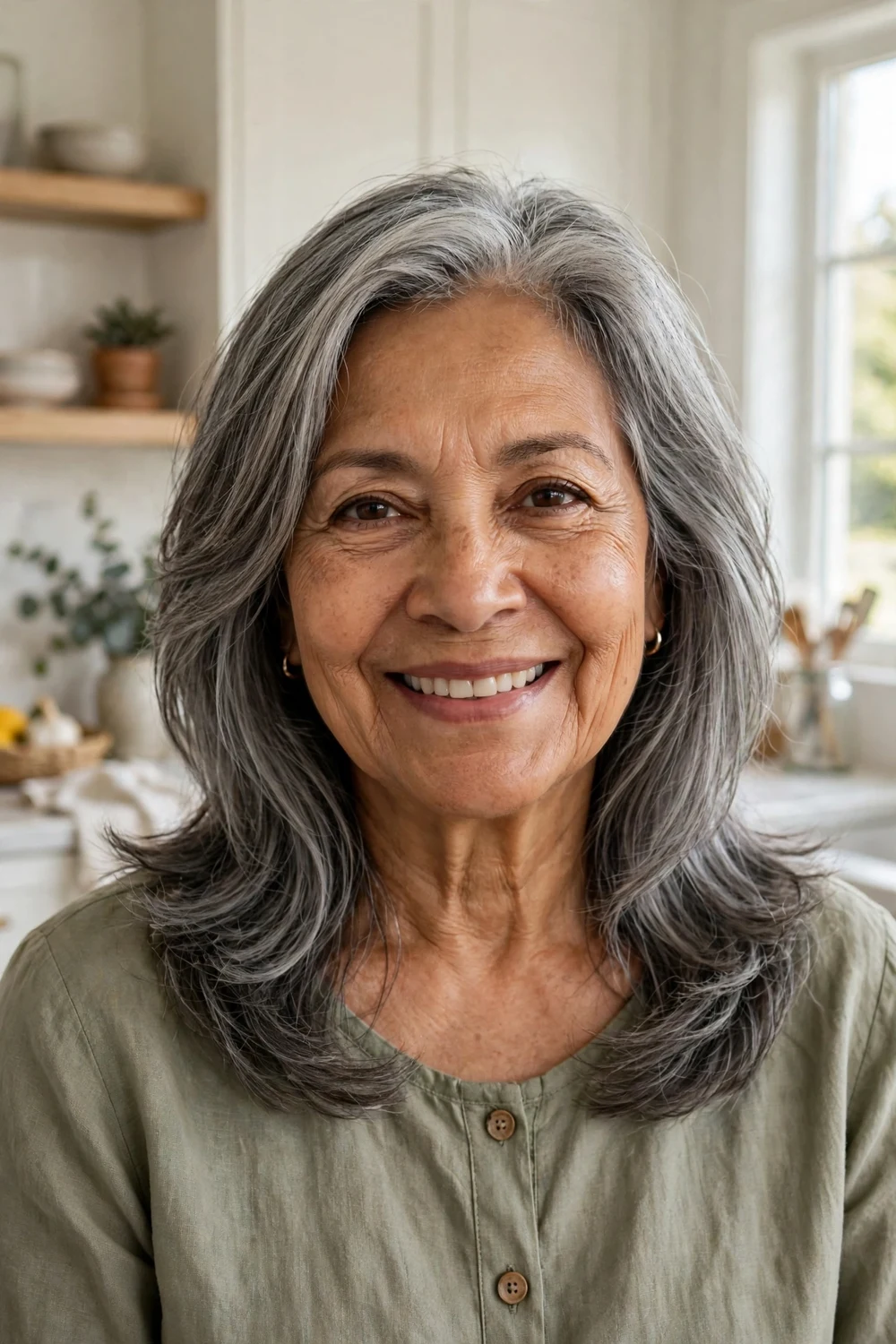 Latina woman in her early 70s with mid-length blended gray layers with natural flow in a bright kitchen