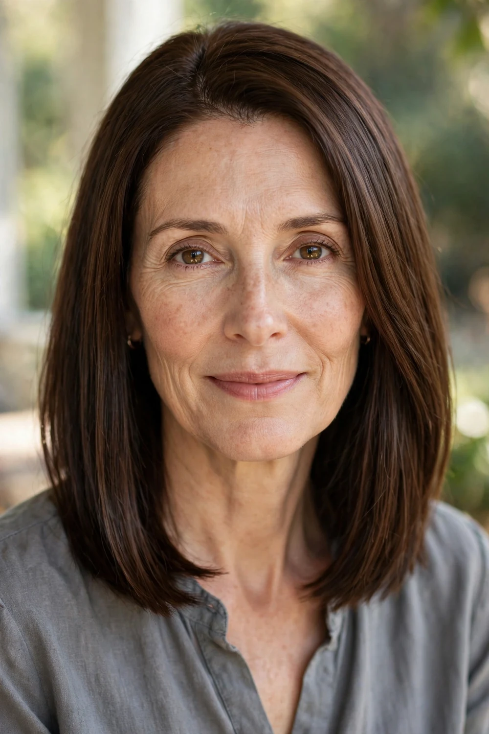 Woman with a long oval face wearing a mid-length blunt cut with one-length ends at the collarbone