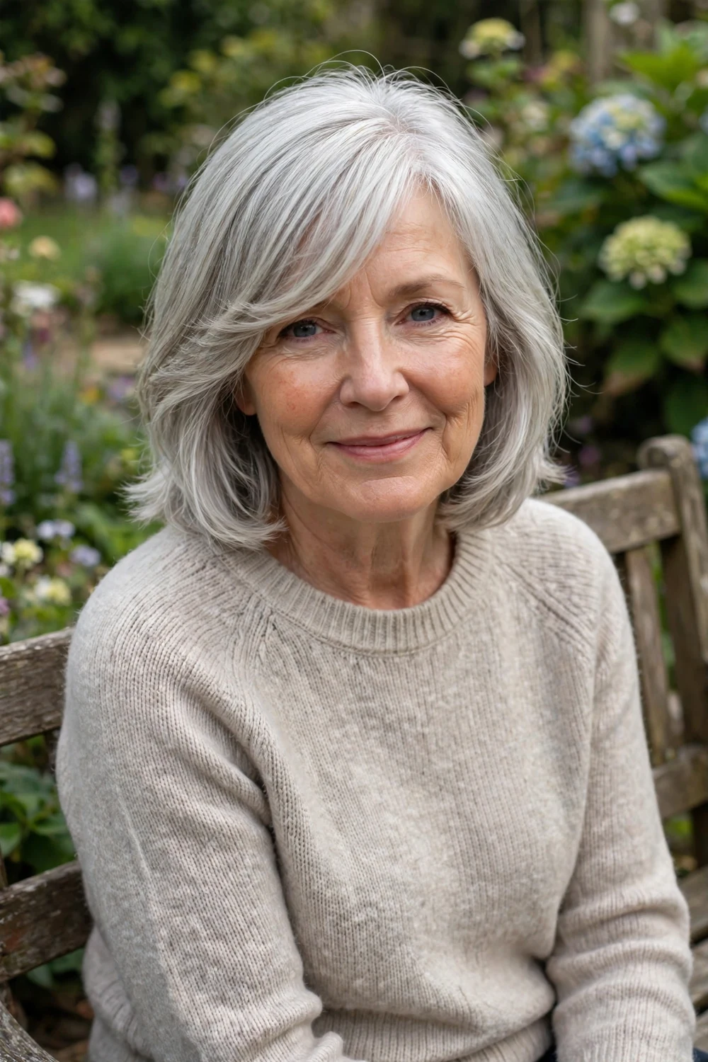 White woman in her late 60s with a mid-length silver cut with a side-swept fringe on a garden bench