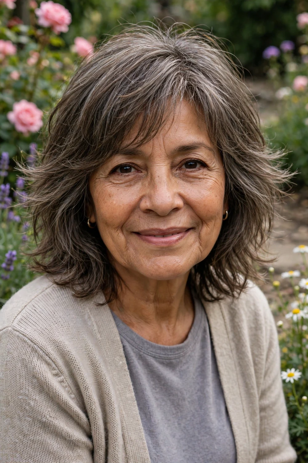 Latina woman in her early 60s with a mid-length gray-brown shag with feathered ends in a garden
