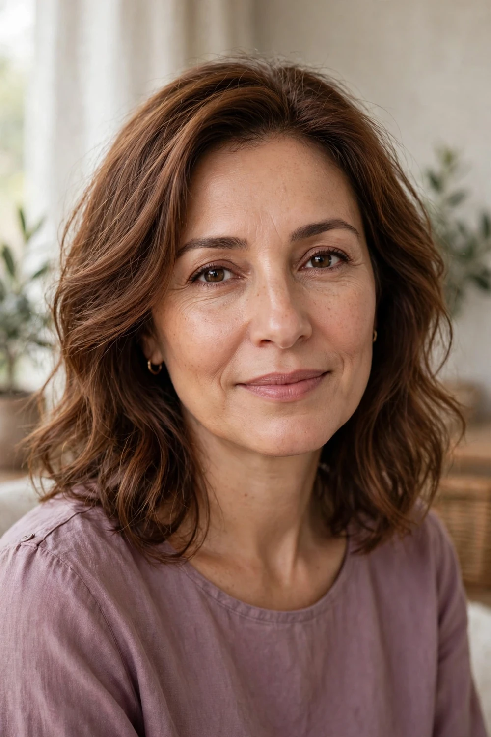 Middle Eastern woman in her late 40s with mid-length chestnut waves with light airy texture