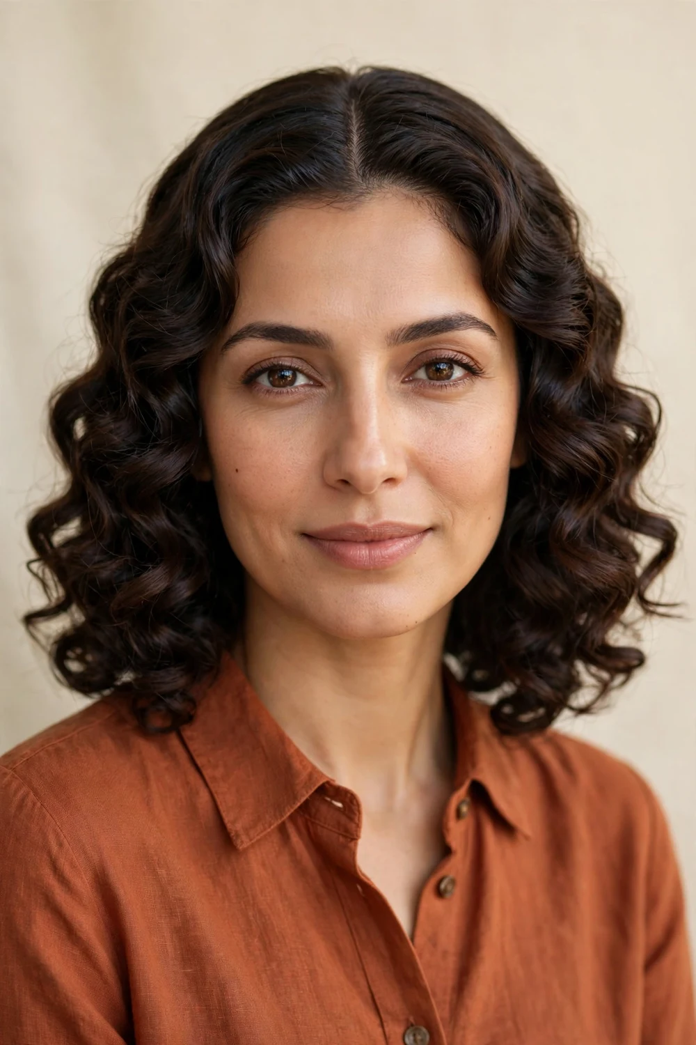 Woman with an oval face wearing a middle-part curly lob with defined glossy symmetrical curls