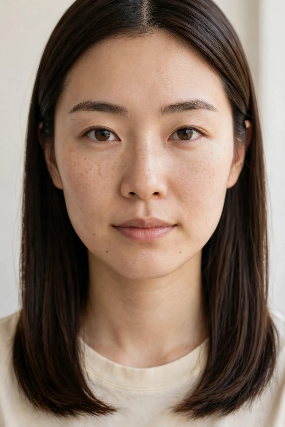 Woman with a middle-part straight cut on short straight hair, symmetrical polished strands