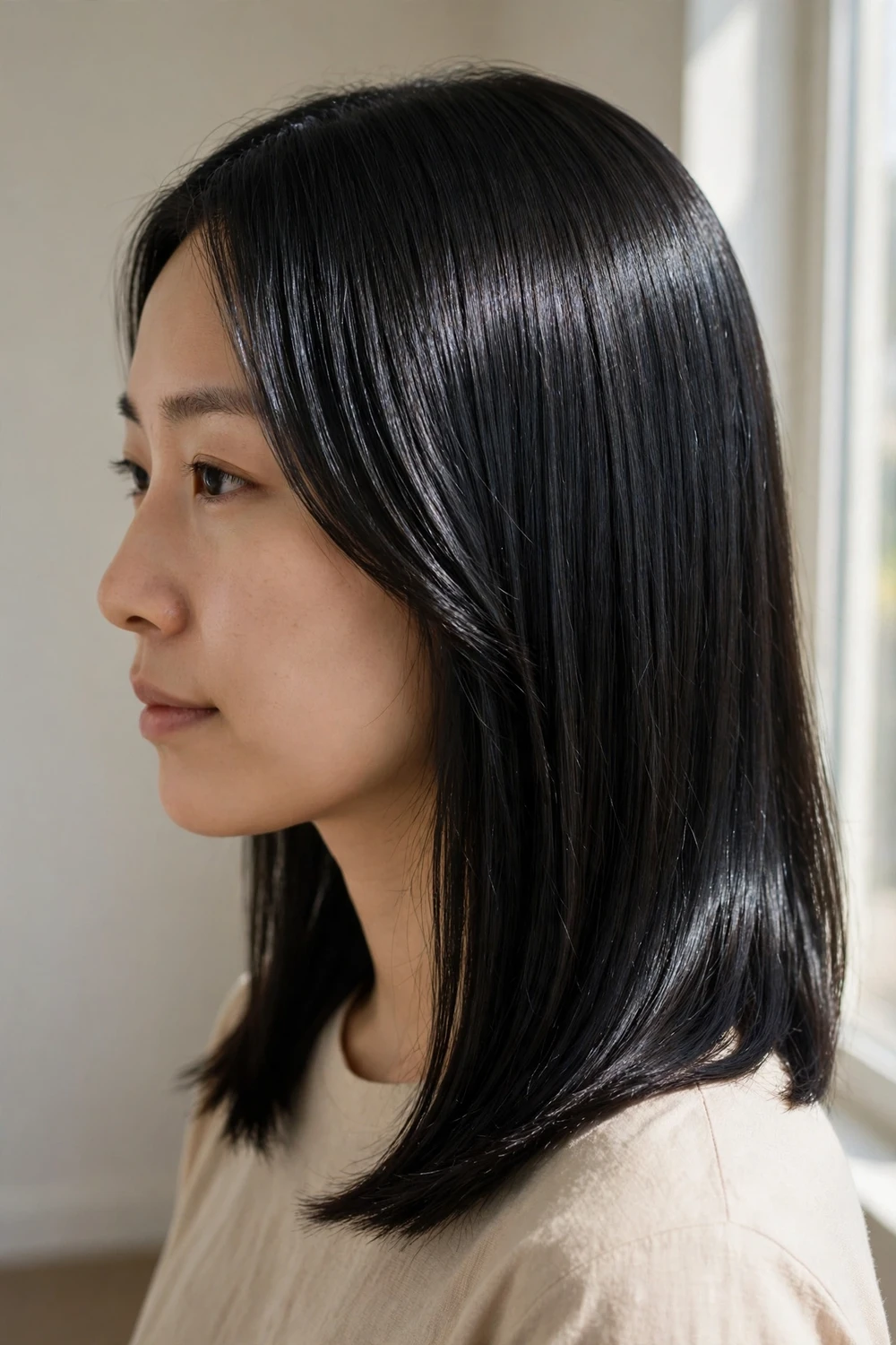 Woman with midnight black shine shoulder-length straight hair in glossy jet black