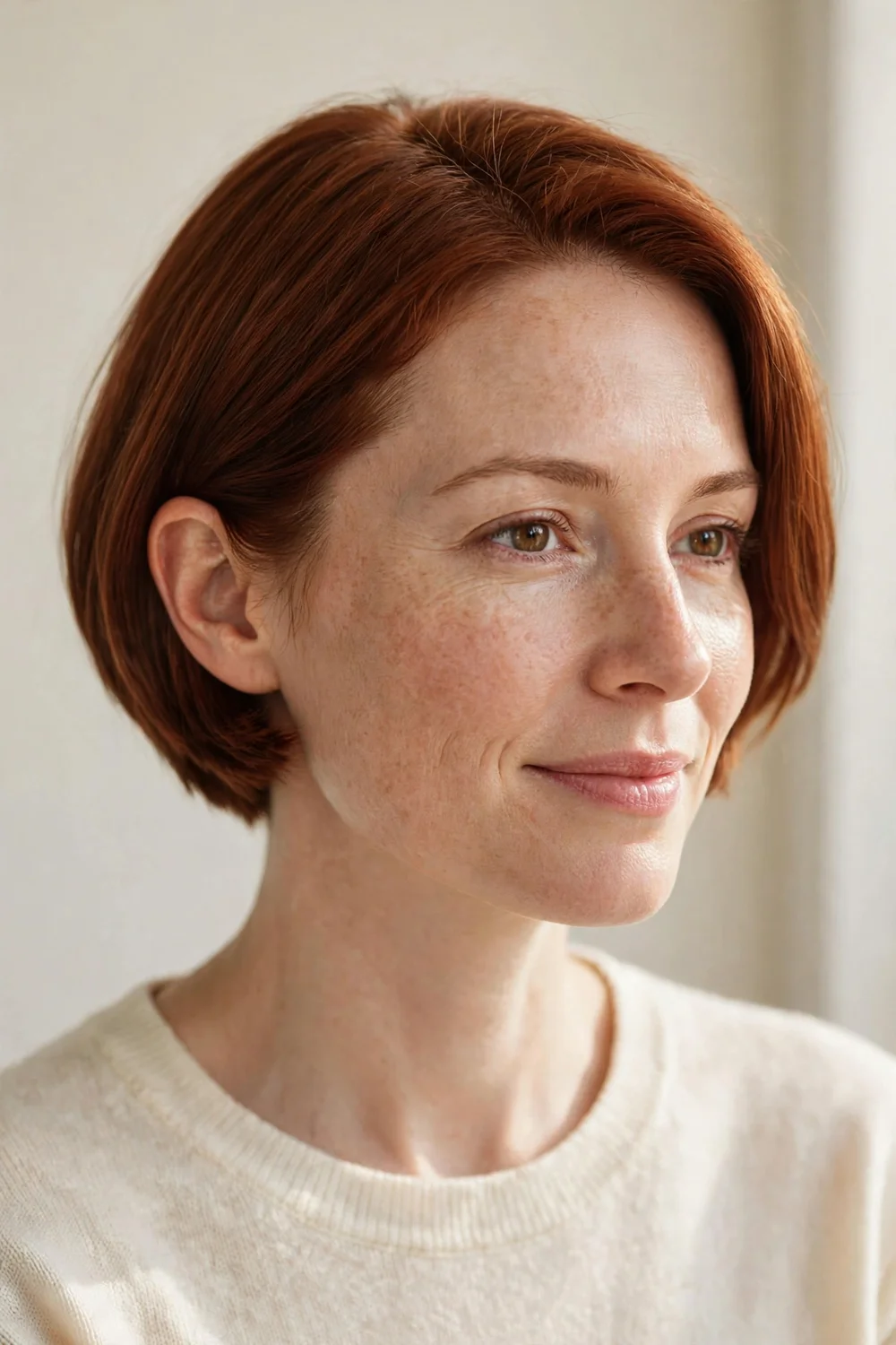 Woman with an auburn mini bob