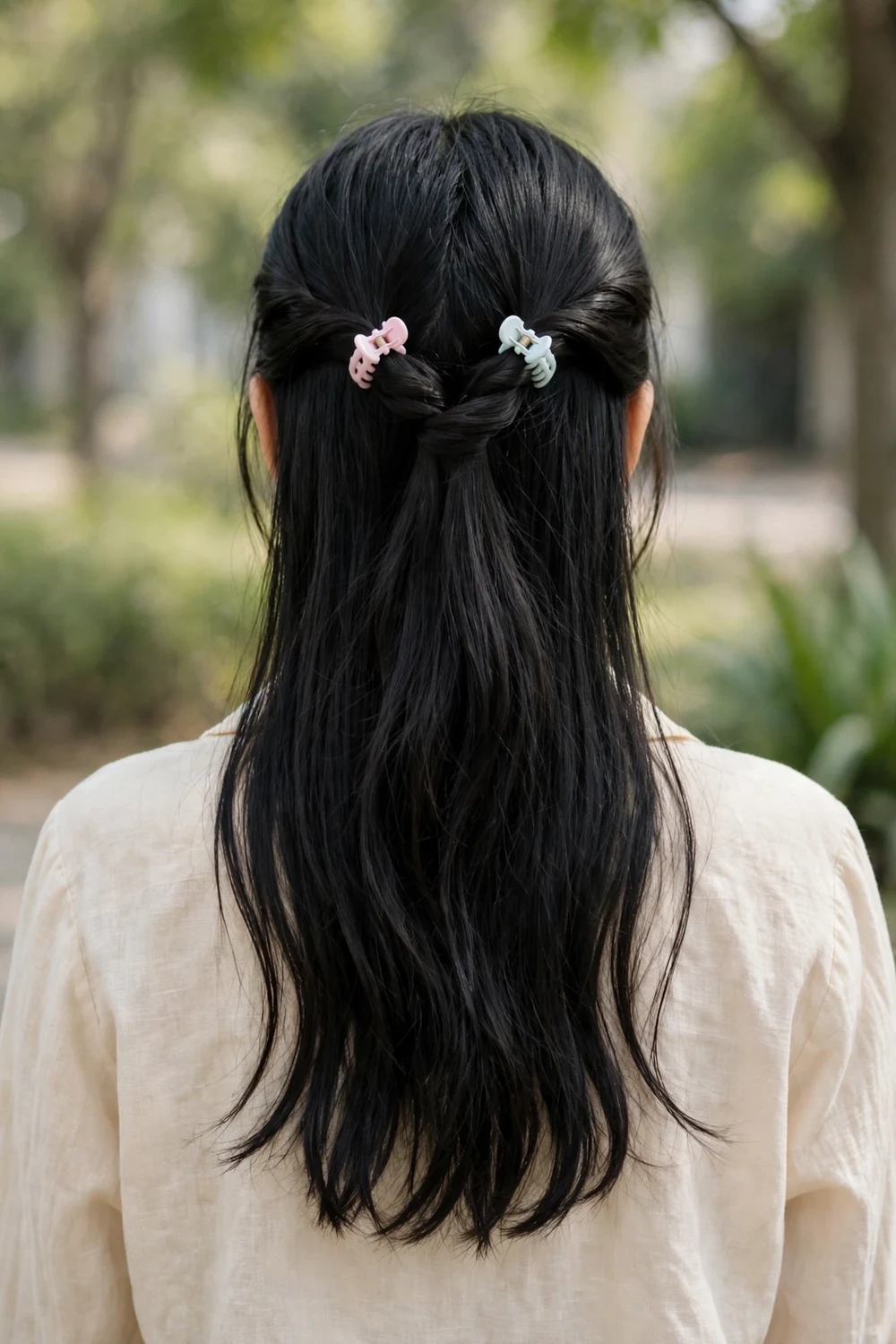 Mini claw clips securing a half-up hairstyle with small twisted sections