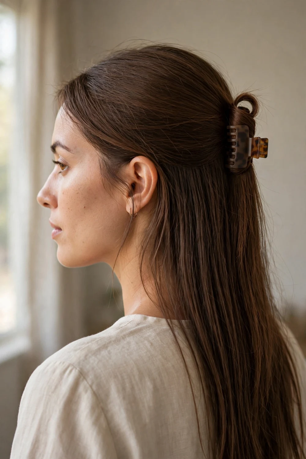 Mini French roll with small flat tortoiseshell claw clip on thin fine brown hair