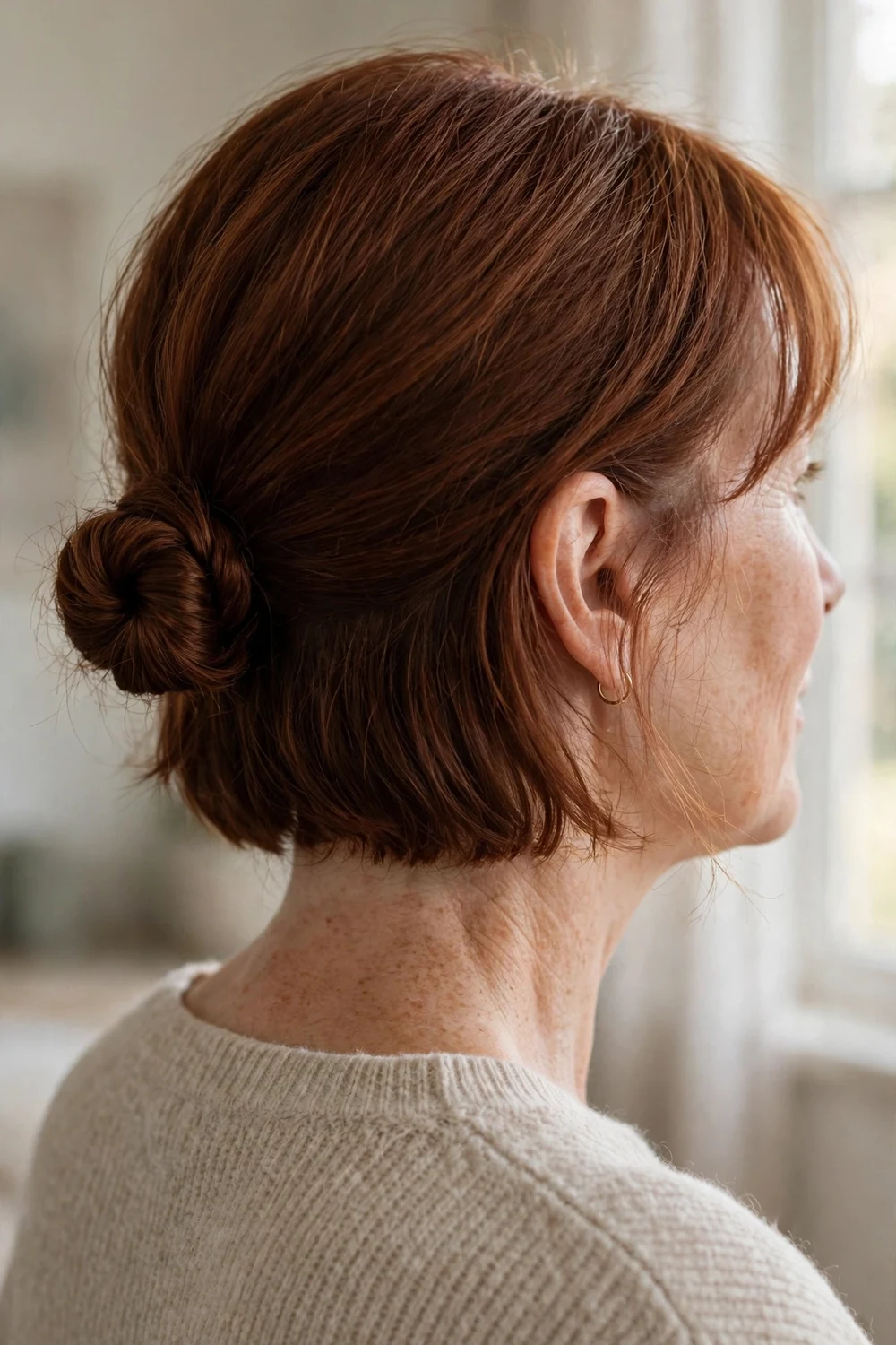 Small mini bun coiled at the nape on a chin length auburn bob