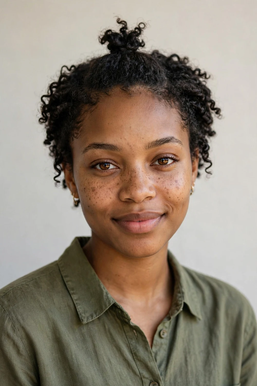 Black woman in her twenties with a curly pixie styled into a mini top knot