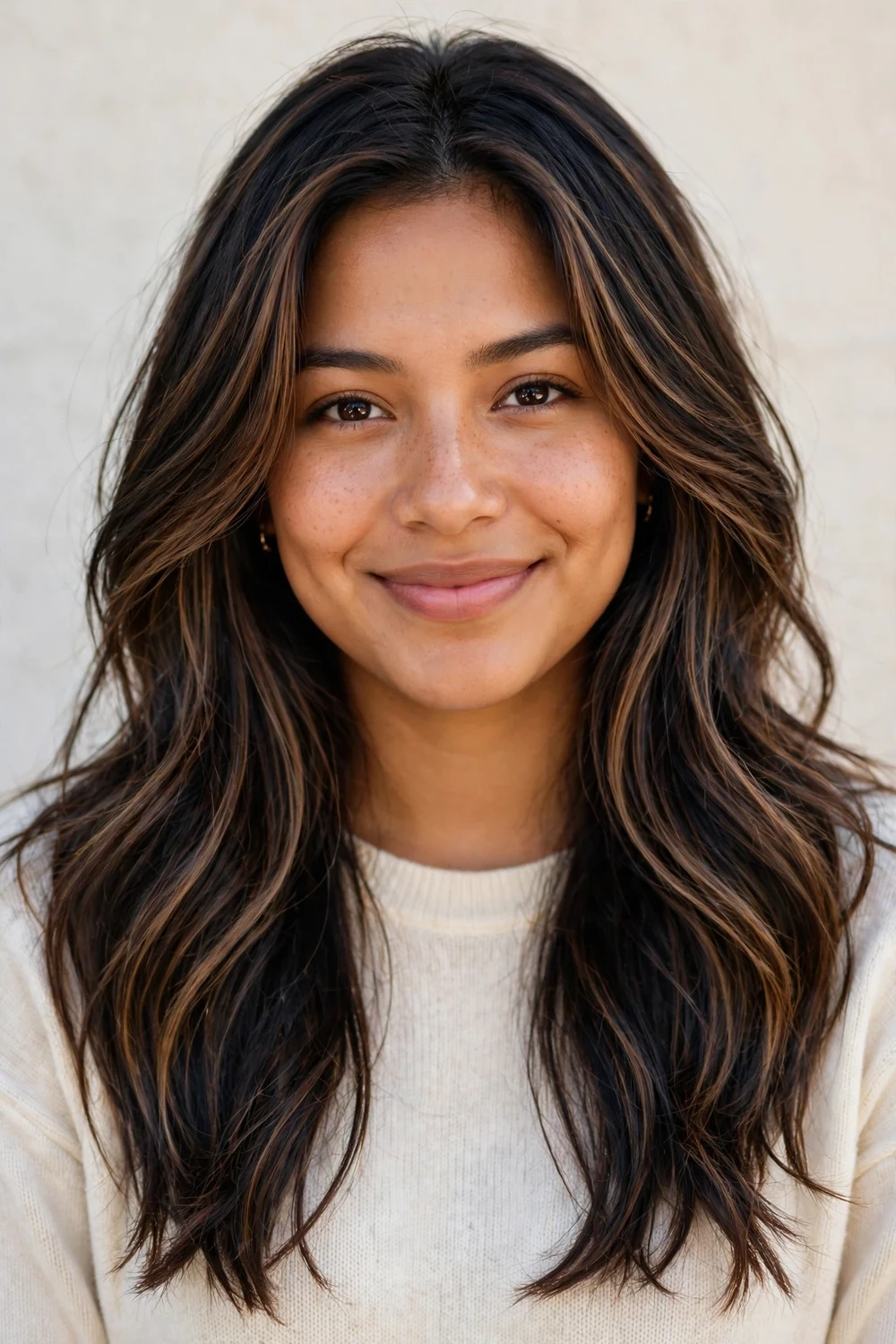 Latina woman with long layered black hair blended with caramel, chocolate, chestnut, and mocha highlights