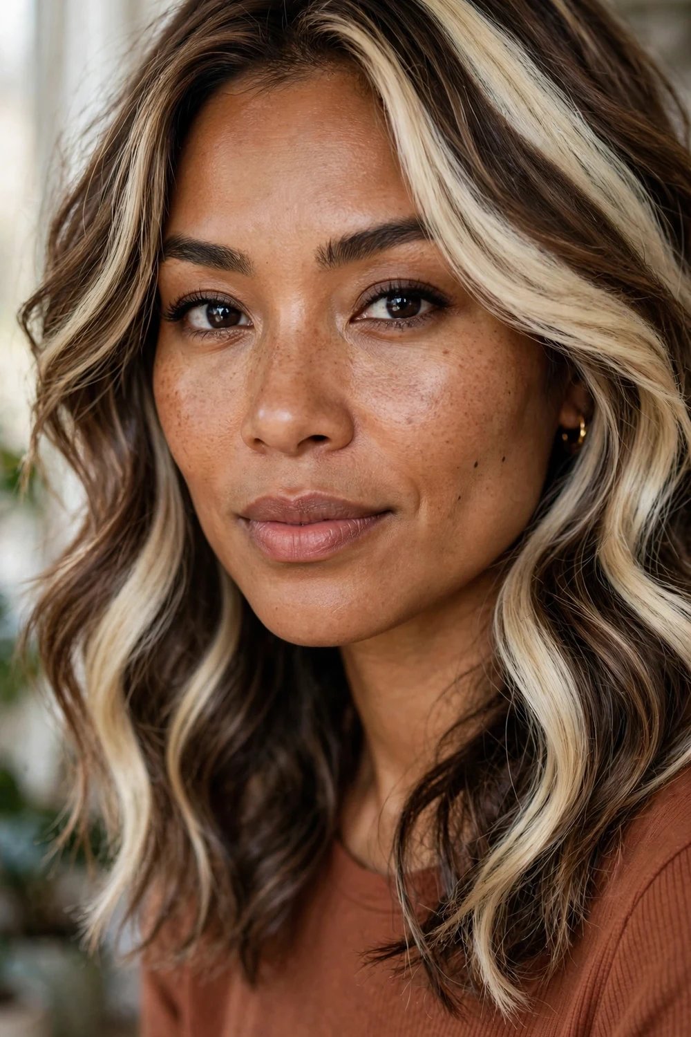 Woman with mocha base and vanilla blonde balayage ribbons in layered hair