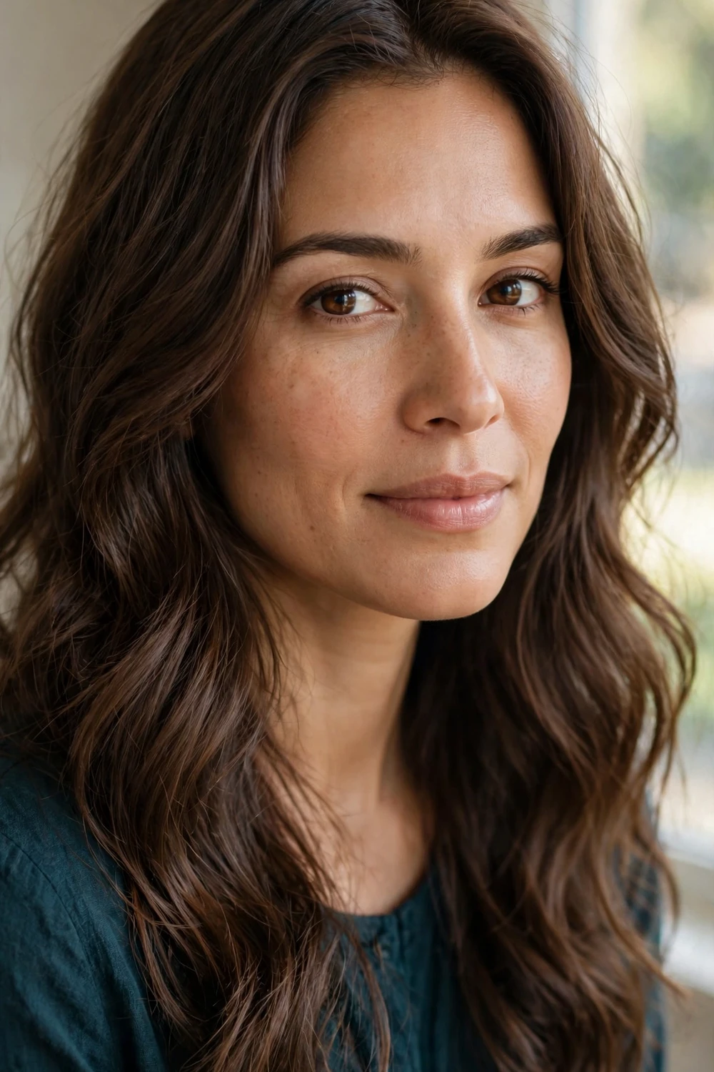 Woman with classic mocha brown hair, balanced warm chocolate brunette