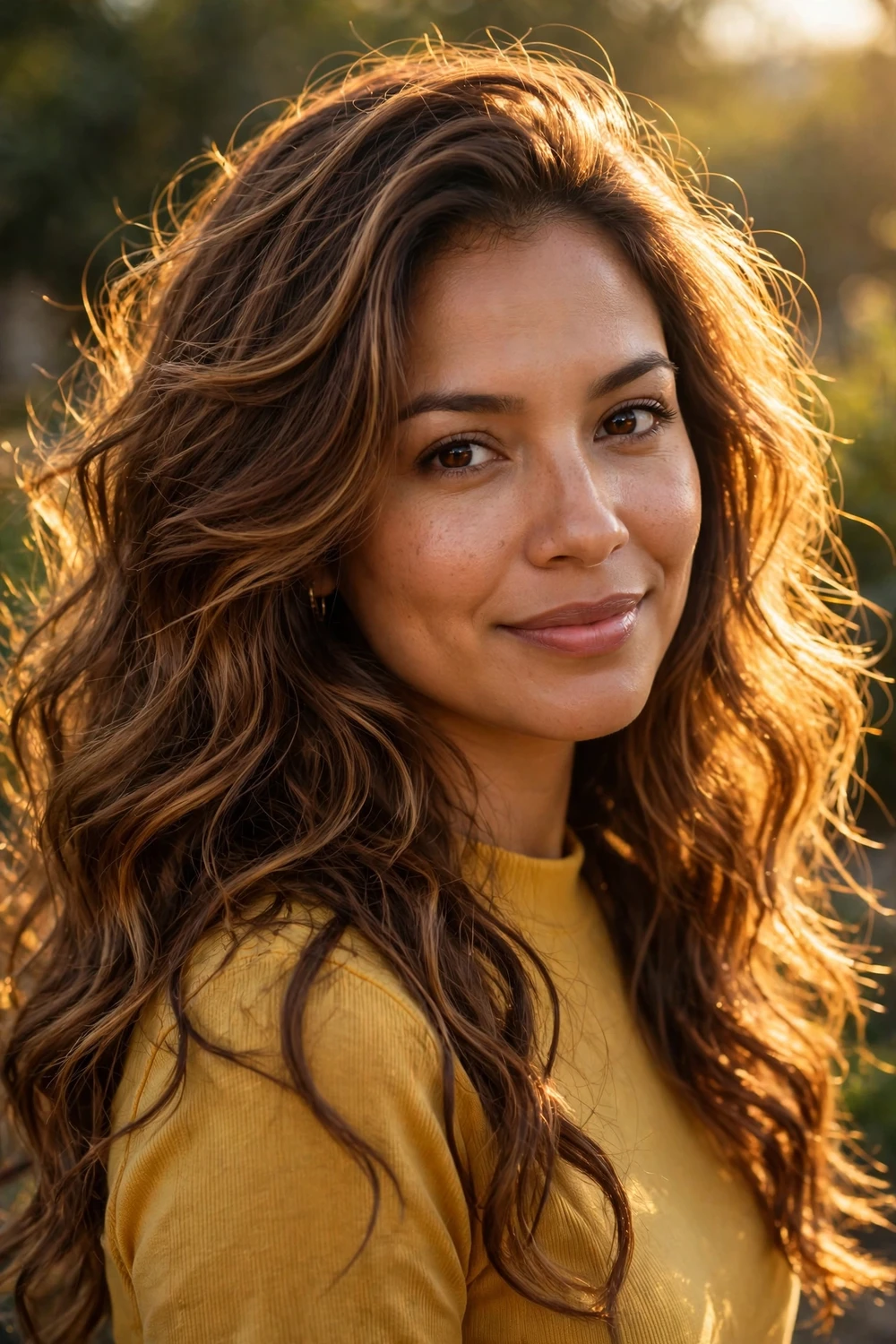 Woman with golden honey highlights on mocha brown hair