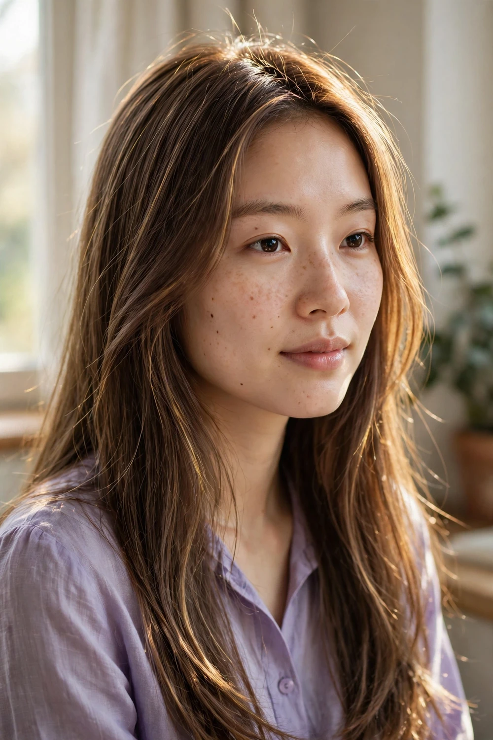 Woman with delicate golden babylights on mocha brown hair