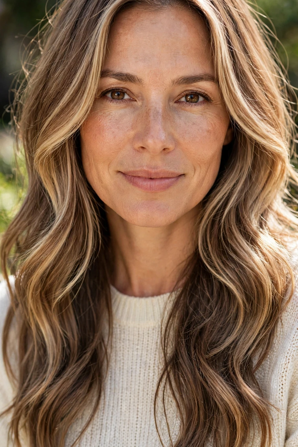 Woman with mocha latte hair, creamy bronde face-framing highlights