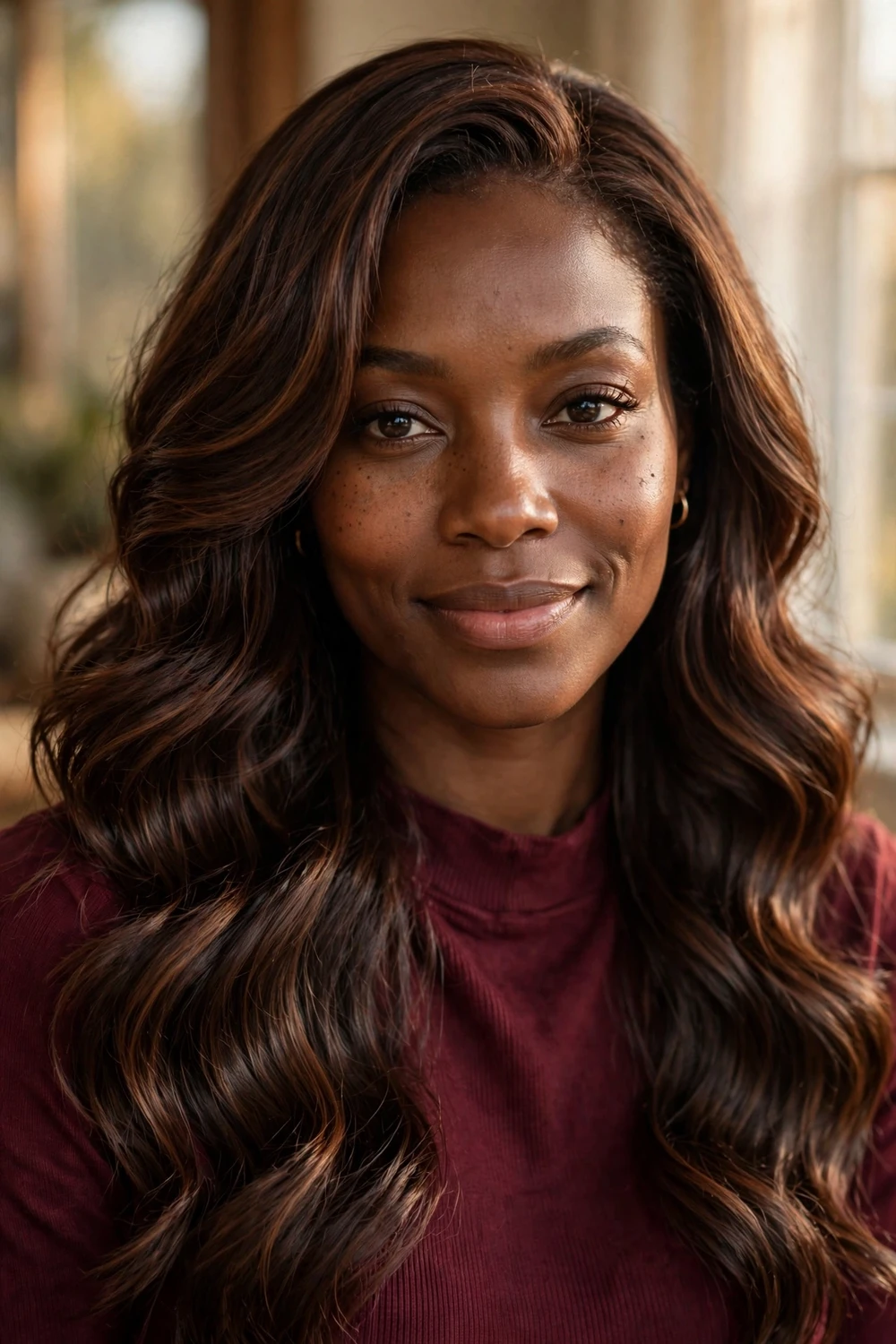 Woman with chocolate mocha swirl hair, deep chocolate and mocha blend