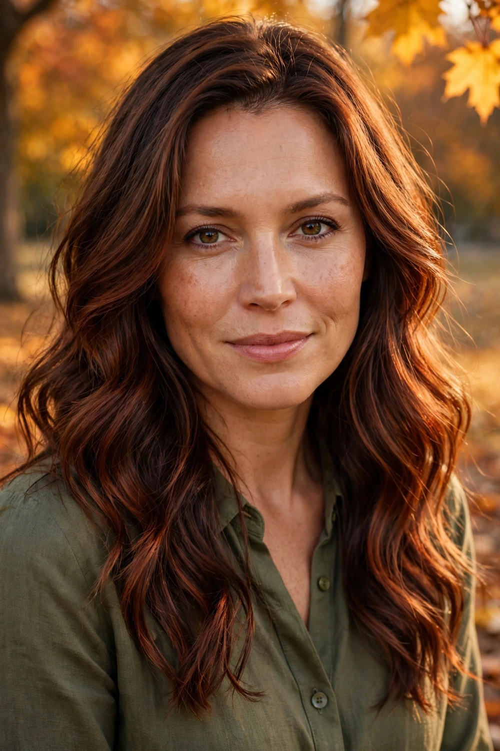 Woman with chestnut mocha blend hair, warm reddish brown brunette