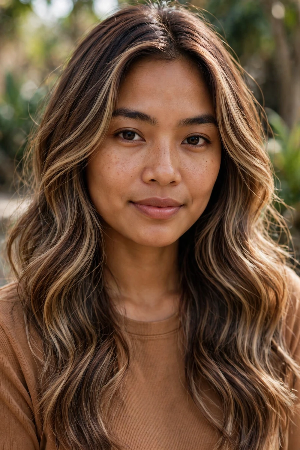 Woman with mocha toffee melt hair, creamy toffee streaks in mocha