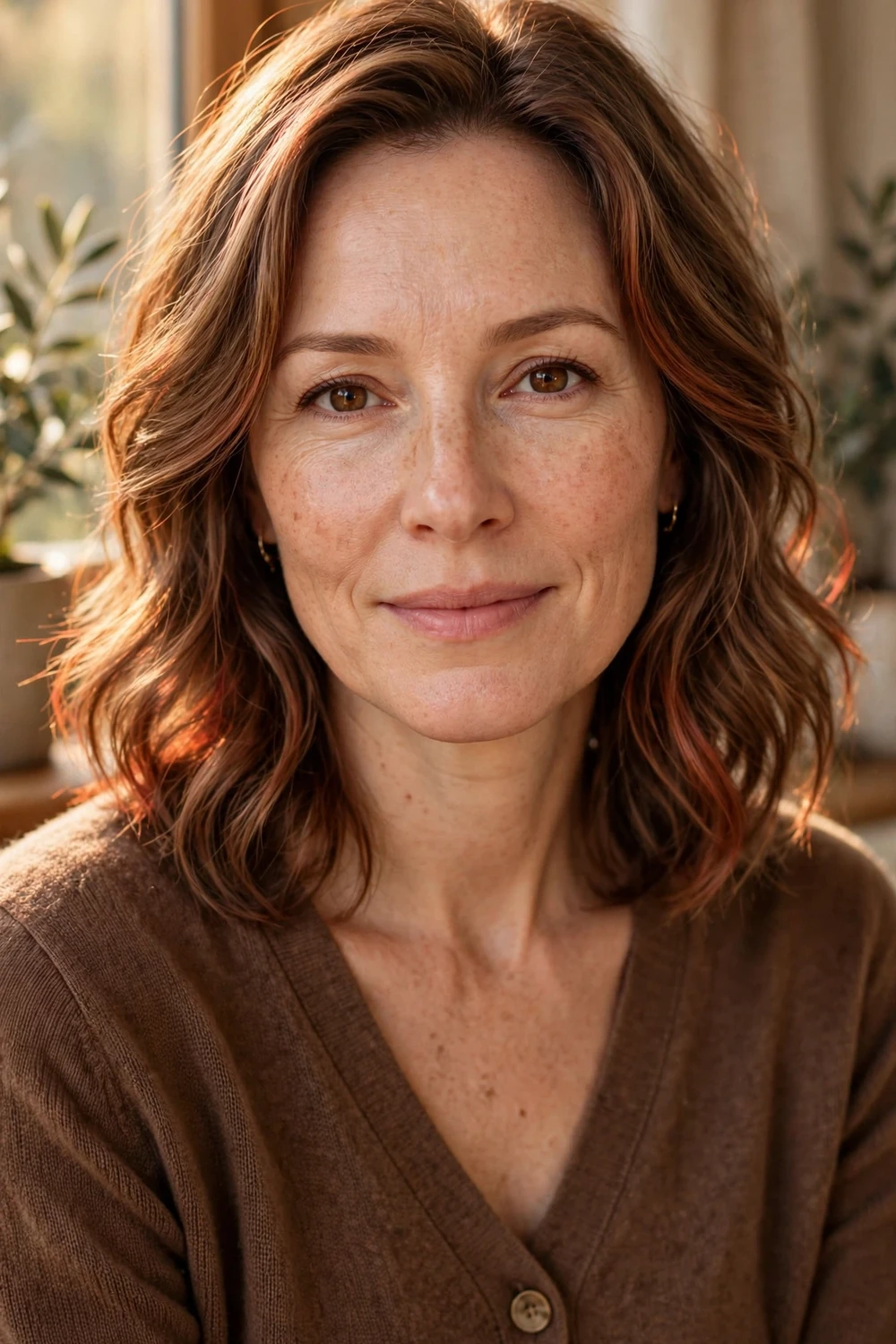 Woman with mocha hazelnut blend hair, nutty warm brown