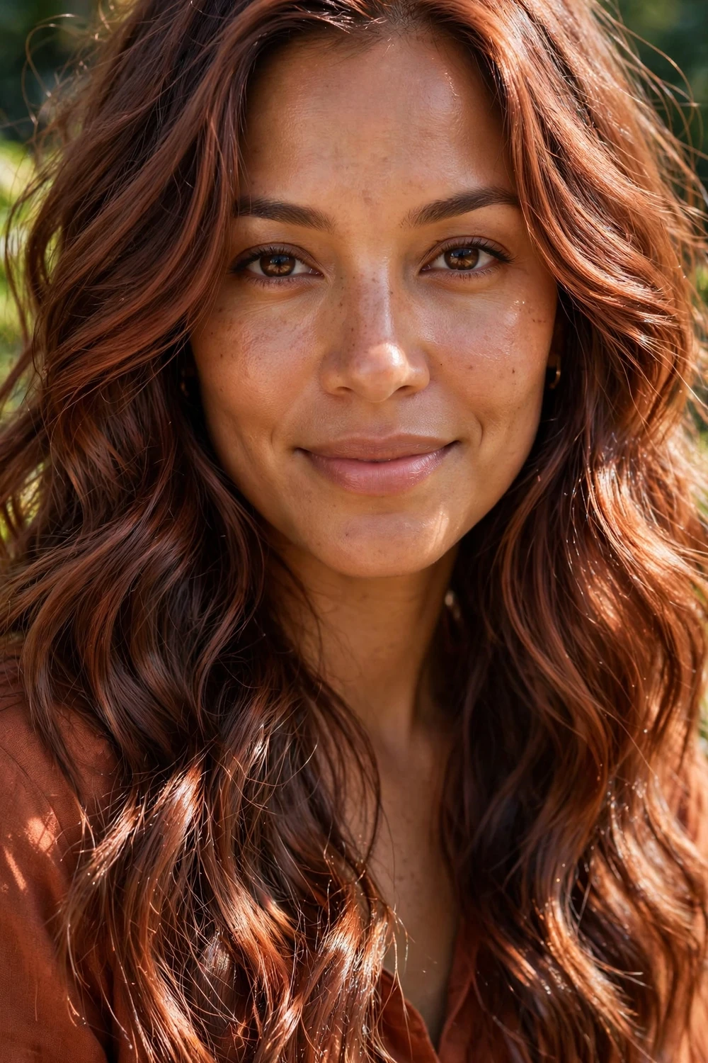 Woman with copper mocha hair, copper tones infused in mocha brown