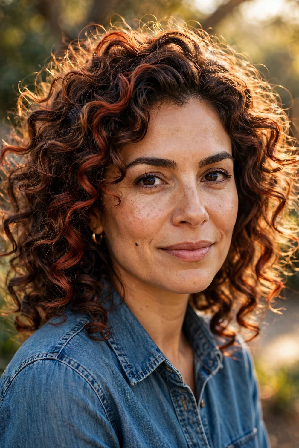 Woman with cinnamon mocha swirl hair, cinnamon red hues in mocha