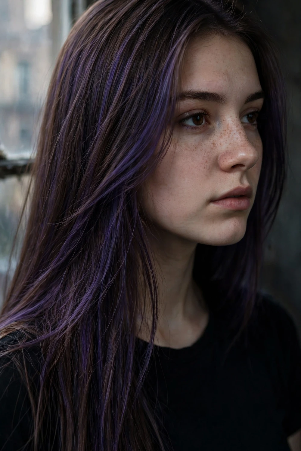 Woman with mocha violet hair, deep violet undertones in mocha brown