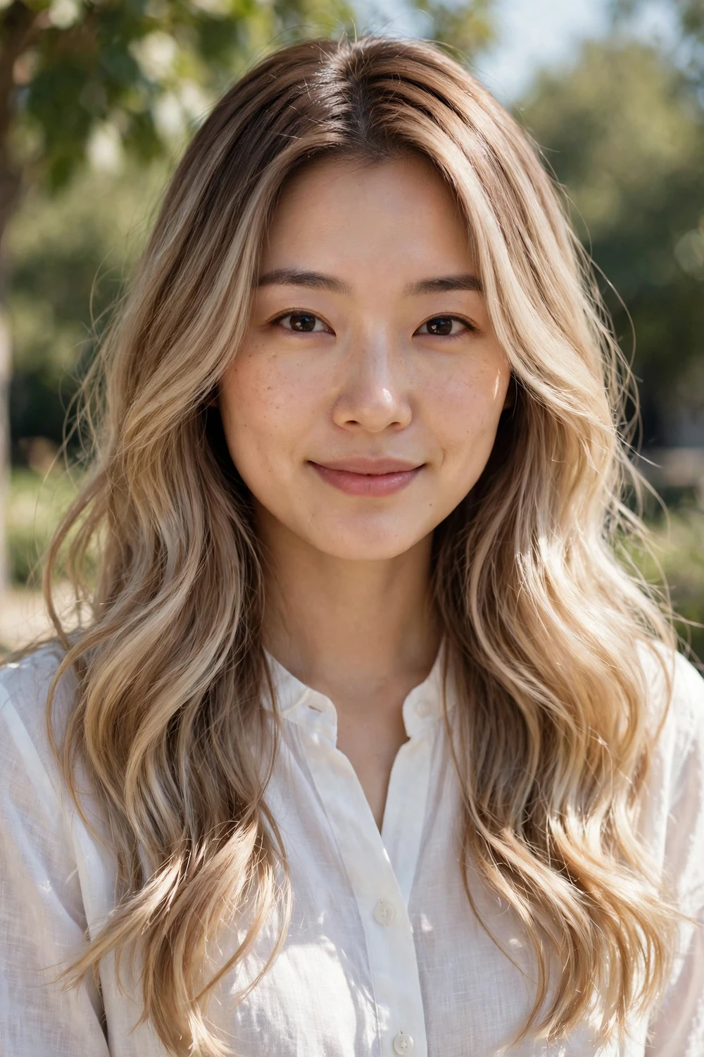 Woman with soft mocha blonde hair, gentle mocha and blonde mix