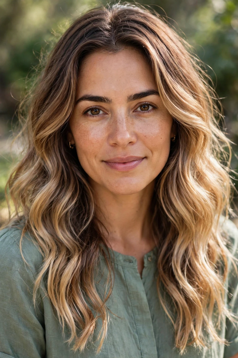 Woman with mocha blonde ombre, mocha roots fading to soft blonde ends