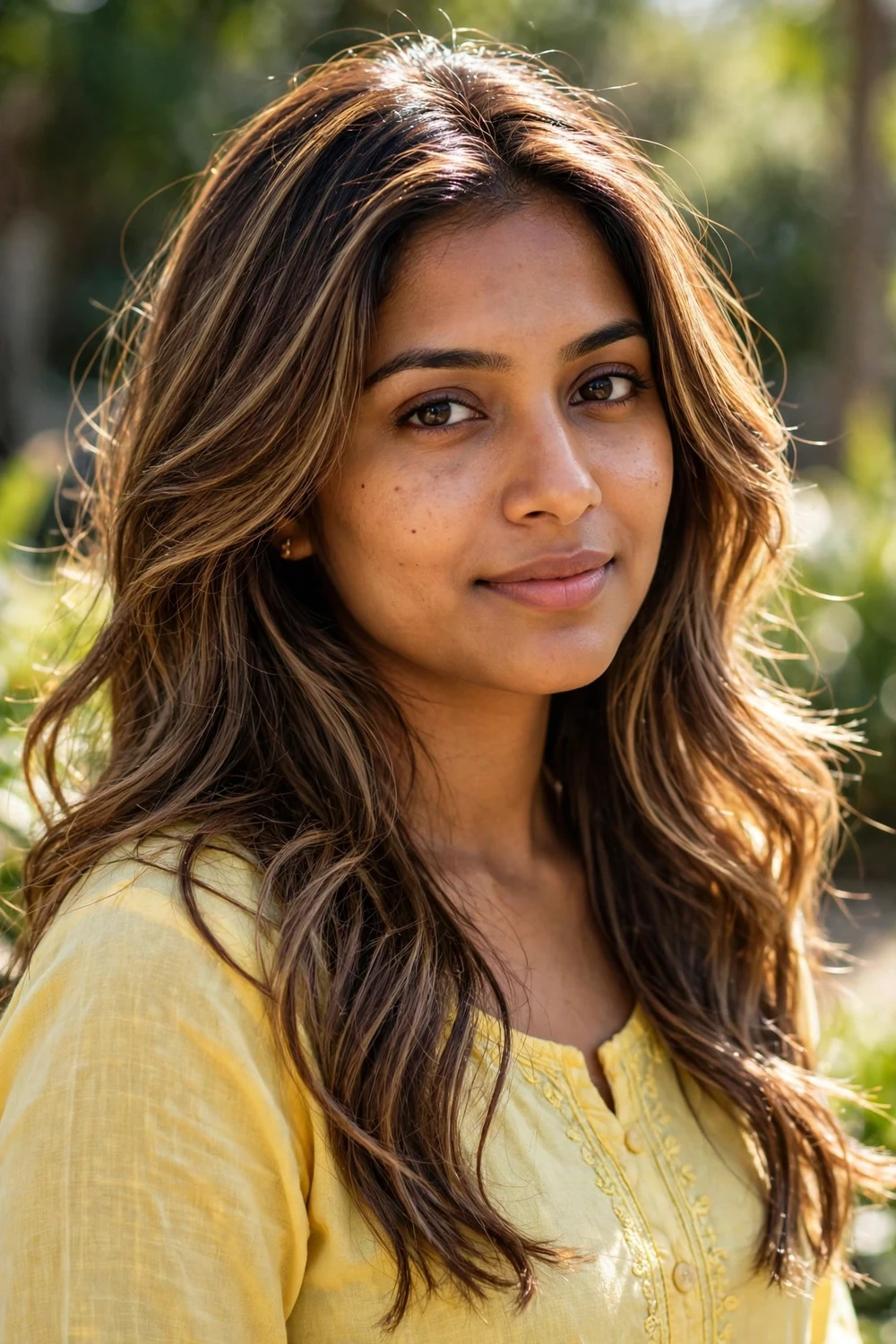 Woman with mocha bronde hair, brown blonde blend with sun-kissed highlights