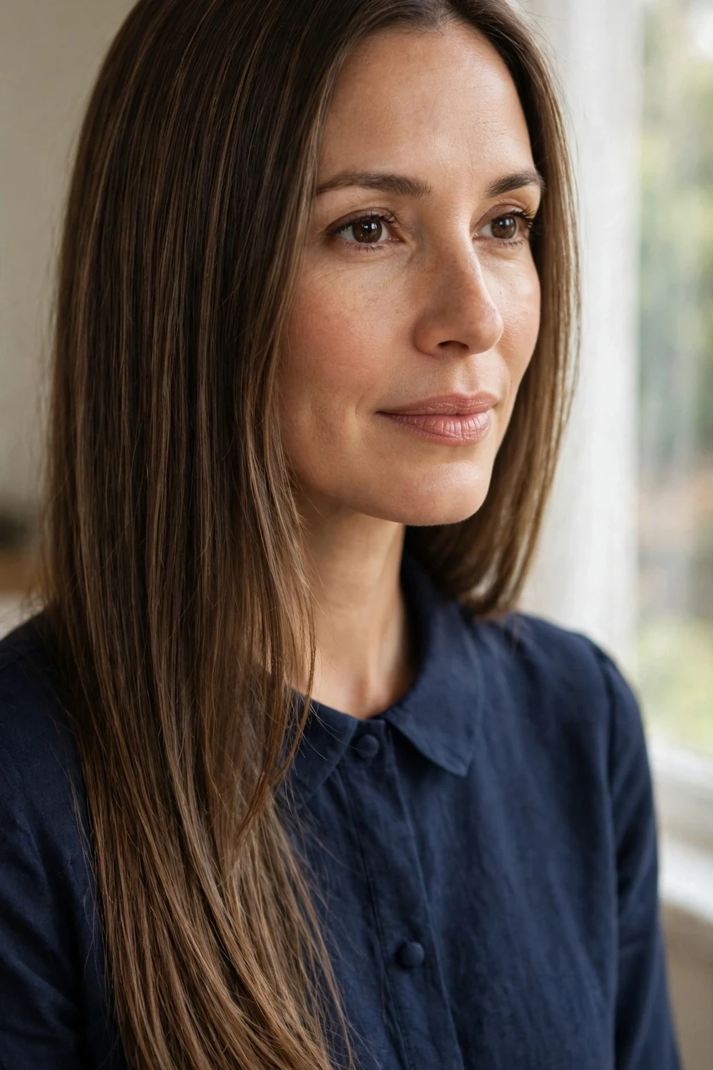 Woman with all-over mocha brown hair with subtle low-contrast highlights