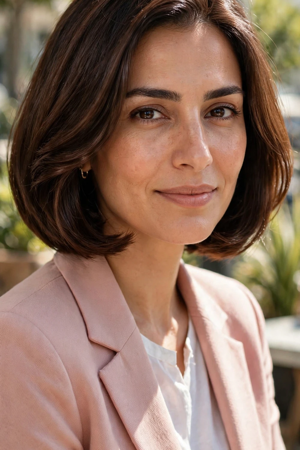 Woman with a glossy mocha brown bob haircut