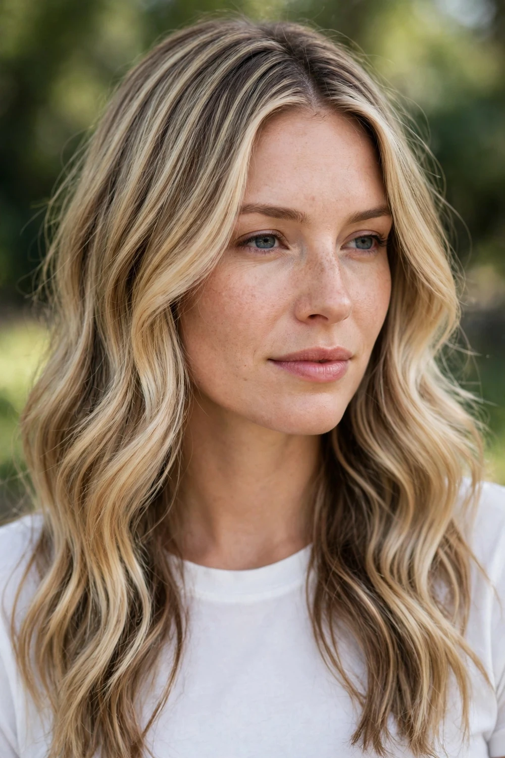 Woman with mocha lowlights woven under blonde hair