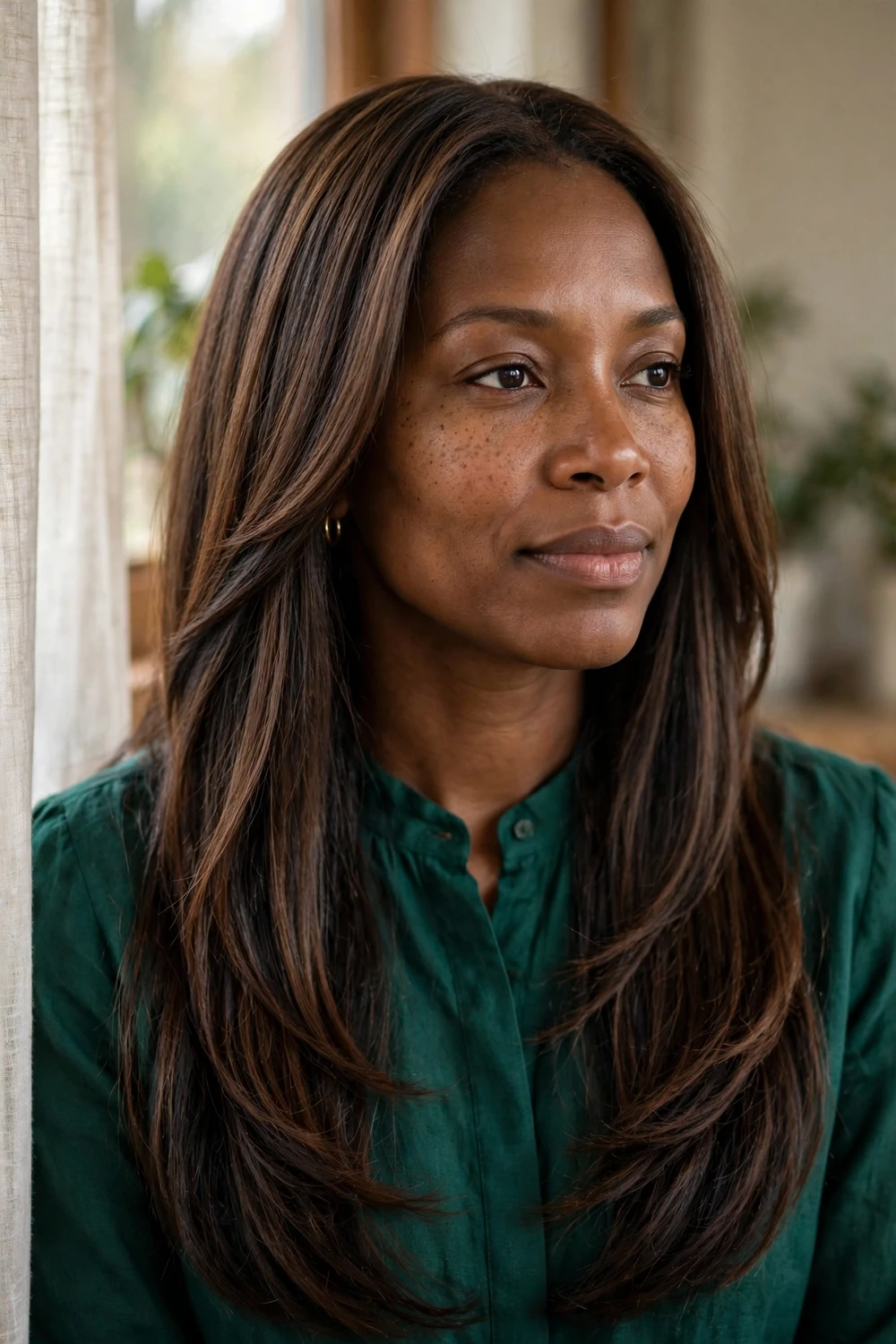 Woman with espresso lowlights adding depth to mocha brown hair