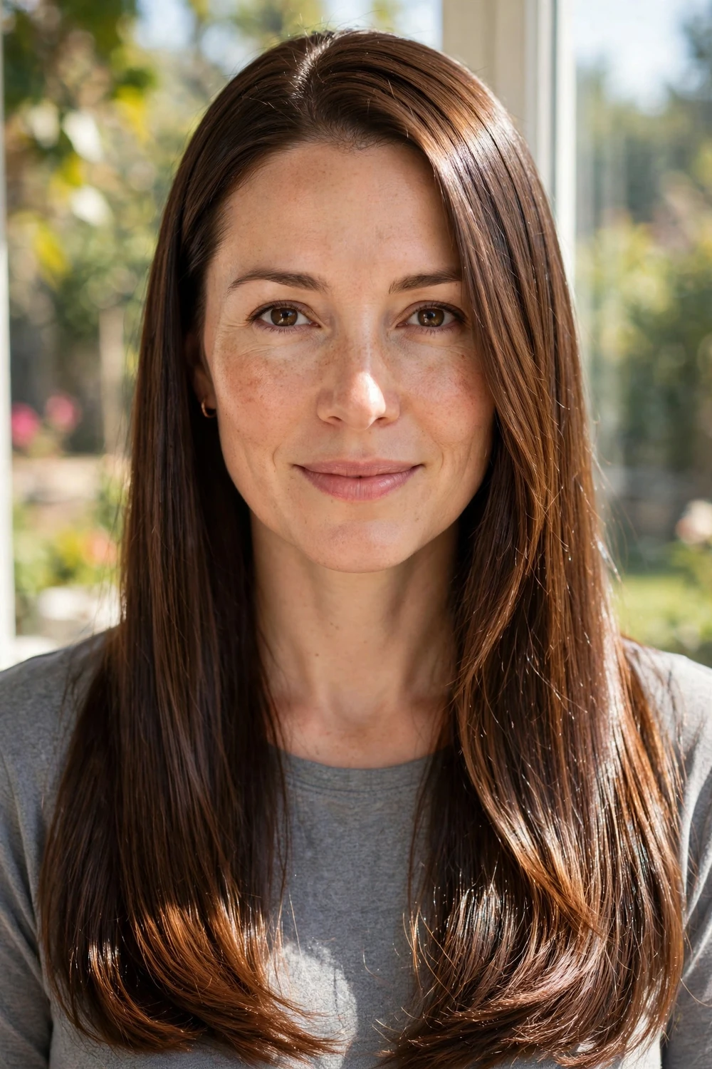Woman with freshly glossed mocha brown hair with mirror shine