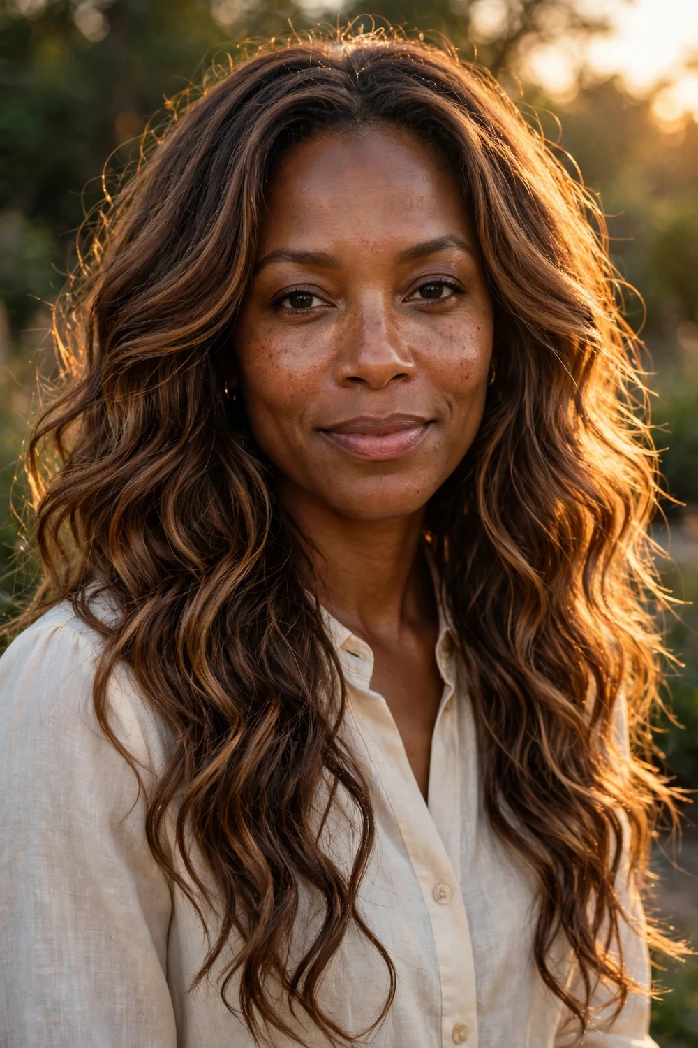 Woman with warm mocha brown hair with golden caramel undertones