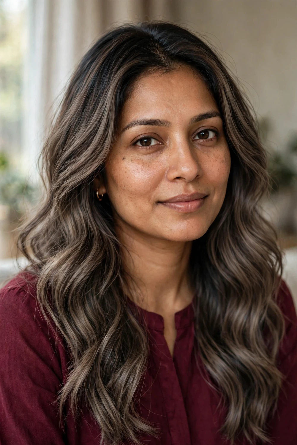 Woman with ash mocha brown hair, smoky chocolate brunette