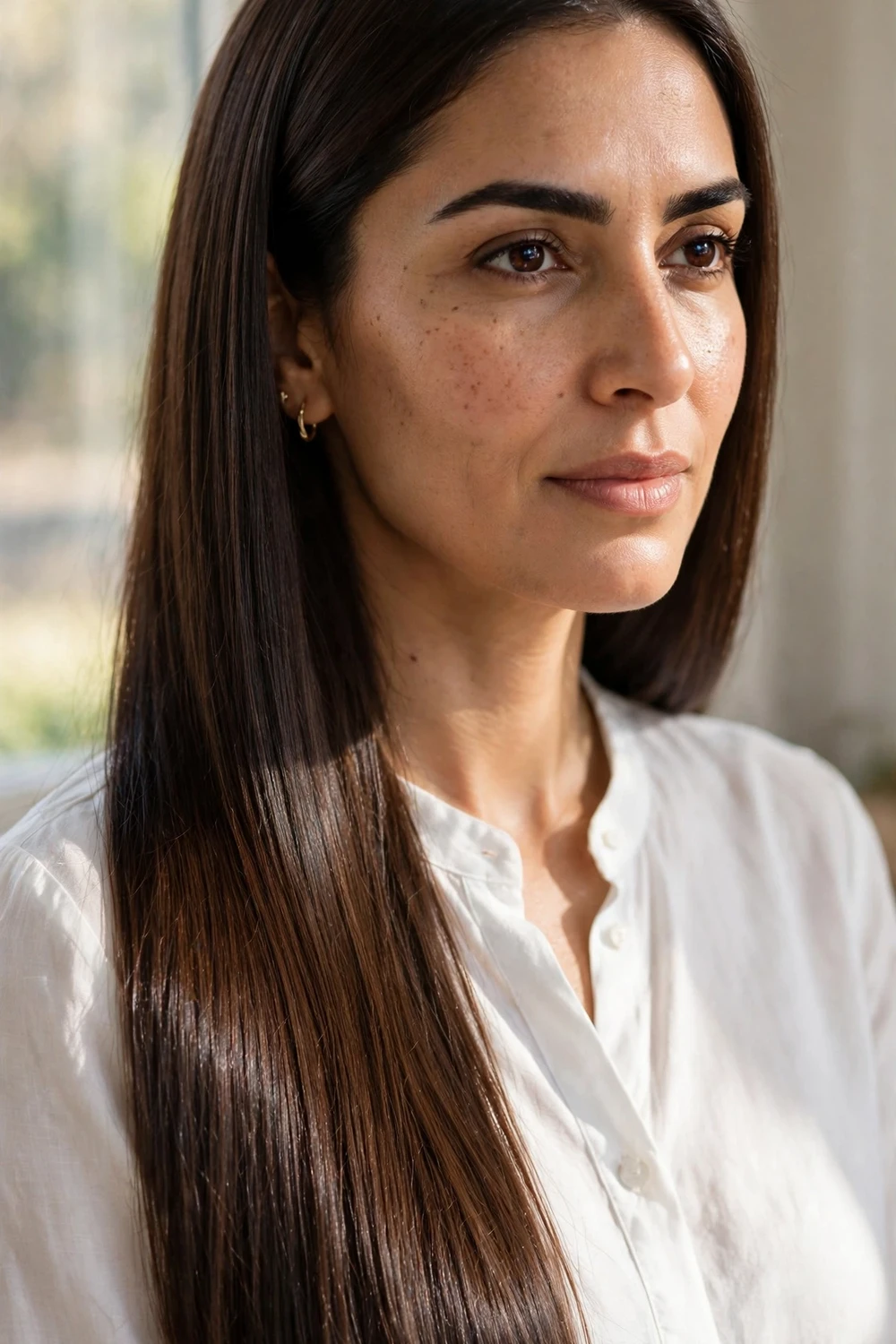 Woman with mocha espresso hair, deep intense coffee brown